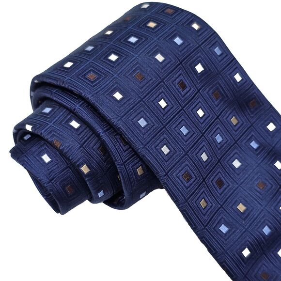 Madison Tie Mens Navy Blue Silk Geometric Square Pattern Business Formal Classic - Picture 1 of 11